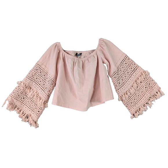 Shein Top Womens M Pink Crochet Lace Whimsical Cropped Boho Fairy Off Shoulder - Picture 1 of 7